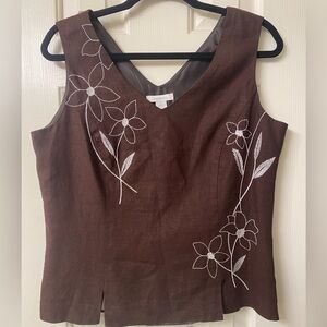 Dress Barn Brown Floral Embroidered Women's Linen Blend Top Size 12